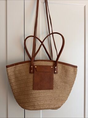 Straw Woven Tote with Brown Trim